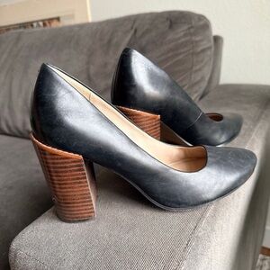 Clarks Black Leather Heels with Brown Block Heel